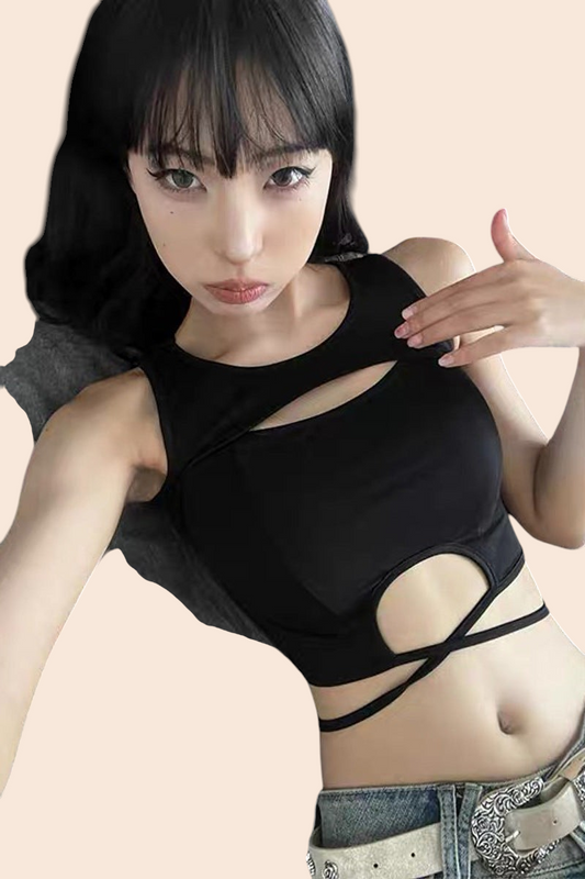 My Store black sleeveless crop top with asymmetric cutouts and wraparound waist straps worn by a model