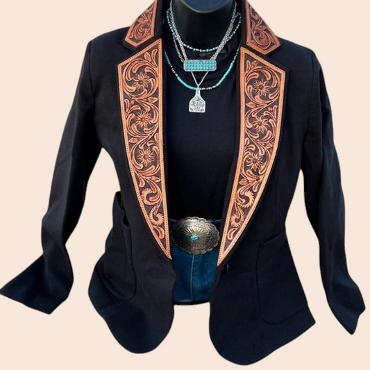 My Store black slim fit blazer featuring intricate western-style floral embroidered lapels and turquoise jewelry.