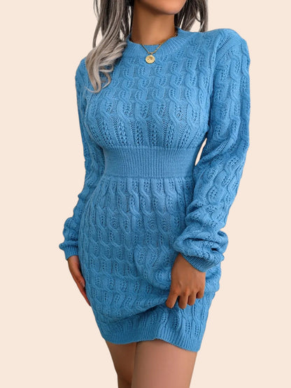 My Store blue cable-knit mini sweater dress with a cinched ribbed waist and voluminous long sleeves.