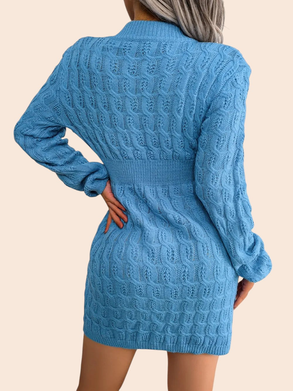 My Store blue cable-knit mini sweater dress with a cinched ribbed waist and voluminous sleeves, back view.