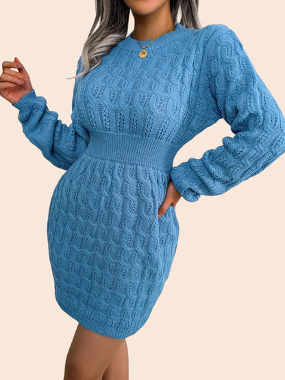 My Store blue cable-knit mini sweater dress with a cinched ribbed waist and voluminous long sleeves.