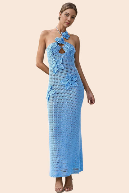 My Store light blue crochet maxi dress with halter neckline and 3D floral appliqués worn by a model