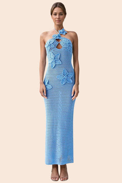 My Store light blue crochet maxi dress with halter neckline and 3D floral appliqués worn by a model