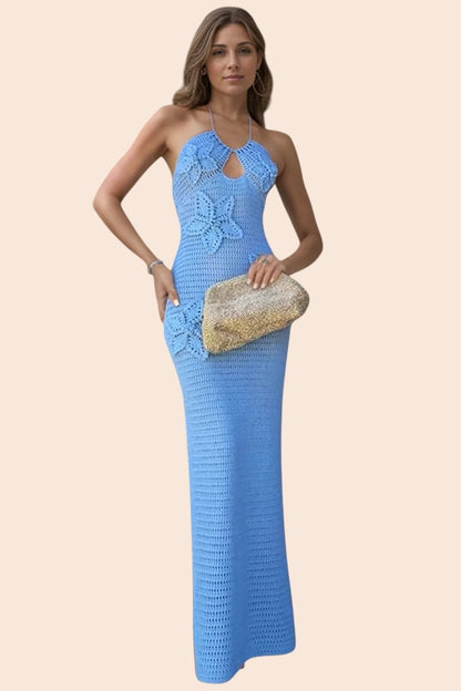 My Store light blue crochet maxi dress with halter neckline and dimensional floral appliqués worn by a woman