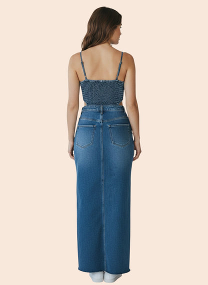 My Store blue denim midi dress with spaghetti straps, smocked back, cutout sides, and frayed hem.