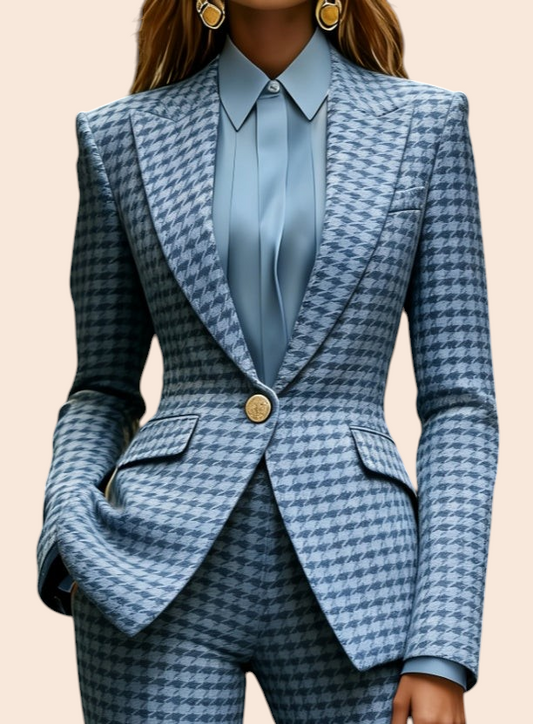 My Store slim-fit blazer in a blue houndstooth print with a structured lapel, single-button closure, and defined waist.