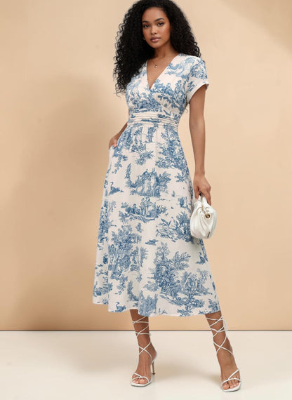 My Store blue porcelain floral midi dress with V-neckline, cap sleeves, and defined waist. Flowing skirt.
