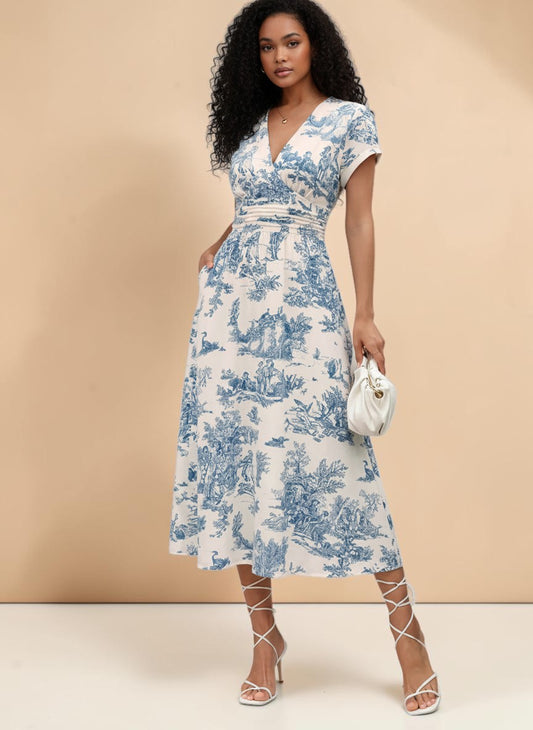 My Store blue porcelain floral midi dress with V-neckline, cap sleeves, and defined waist. Flowing skirt.