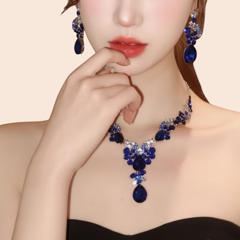 My Store blue rhinestone waterdrop necklace and earrings set with tassel detail. Vintage court style.