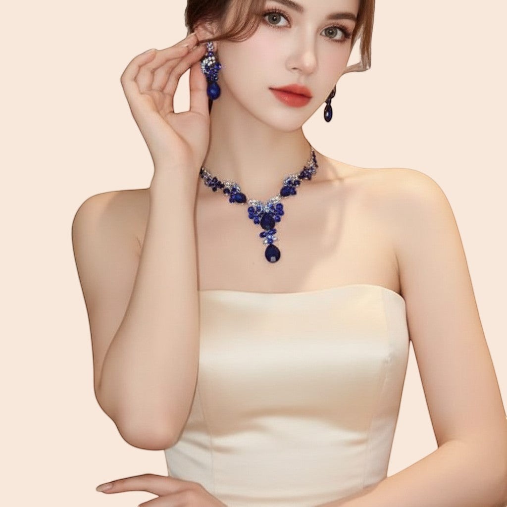 My Store blue rhinestone waterdrop necklace and earrings set with silver accents. Vintage court style.