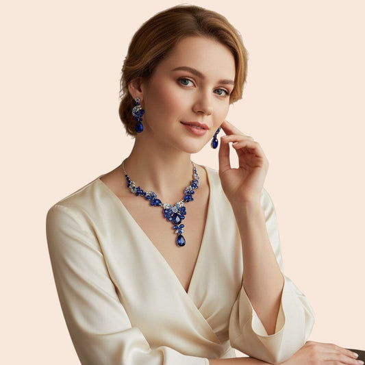 My Store blue rhinestone waterdrop necklace and earrings set for women, vintage court style, light luxury.