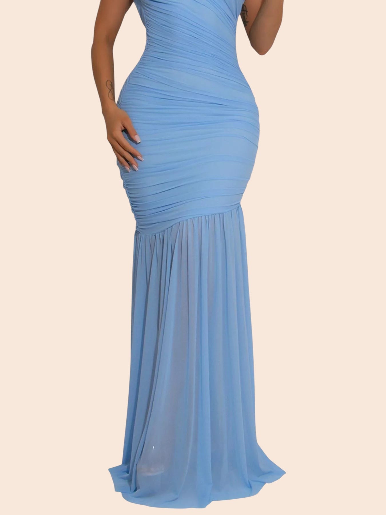 My Store light blue one-shoulder maxi dress with all-over ruching and a flowing mermaid skirt for formal events.
