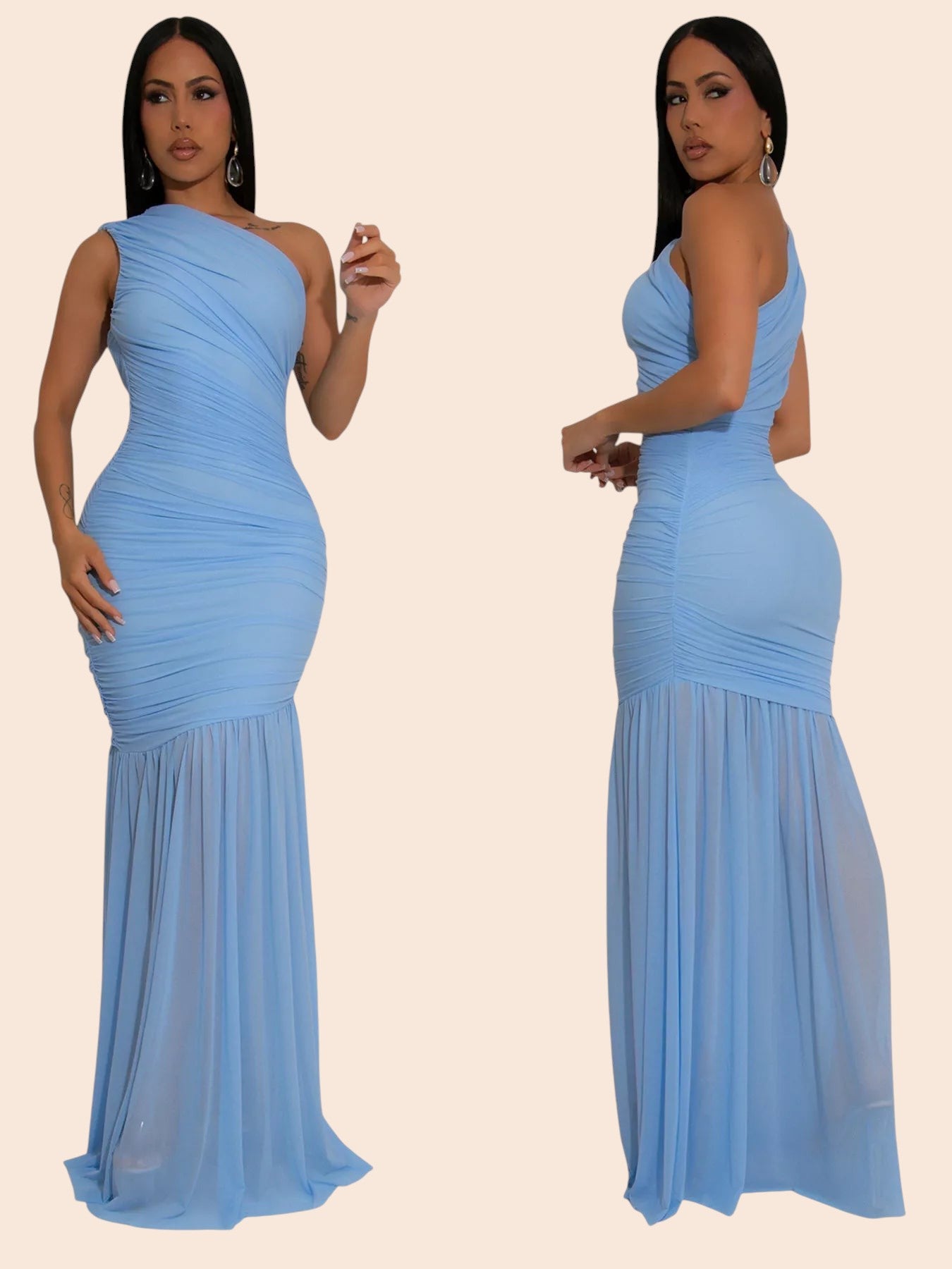 My Store light blue one-shoulder ruched mermaid maxi dress worn by a model in front and side profile views.