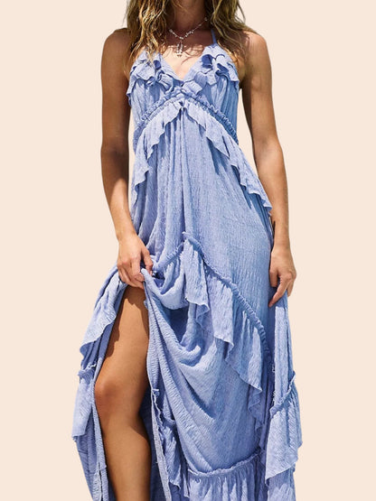 My Store blue ruffled tiered halter maxi dress with cascading ruffles and a flowing silhouette for a bohemian look.