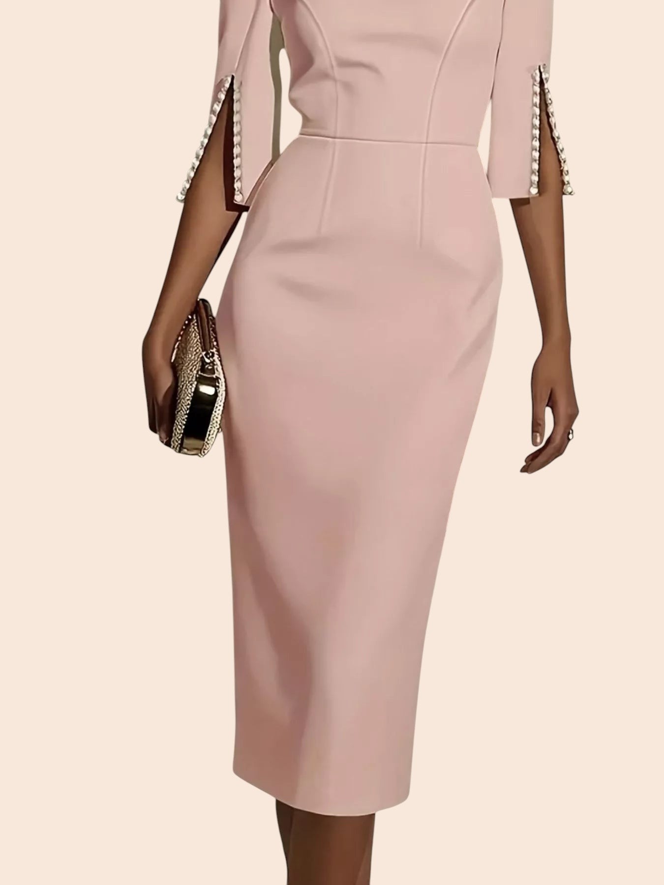 My Store blush pink midi pencil dress with elegant split sleeves and delicate beaded trim details.
