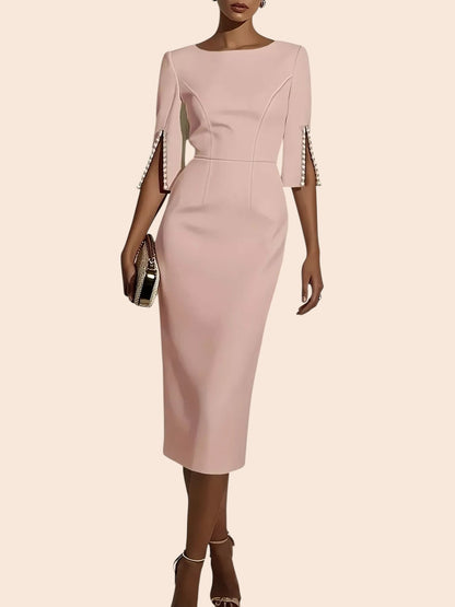 My Store blush pink midi pencil dress with round neckline and split sleeves featuring delicate beaded trim