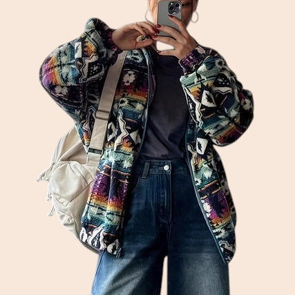 My Store boho geometric print fleece jacket with zip front and high neck worn with jeans and a shoulder bag