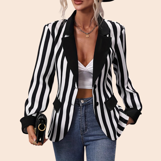 My Store Bold Stripe Tailored Blazer with black and white vertical stripes, structured lapel, and contrast cuffs.