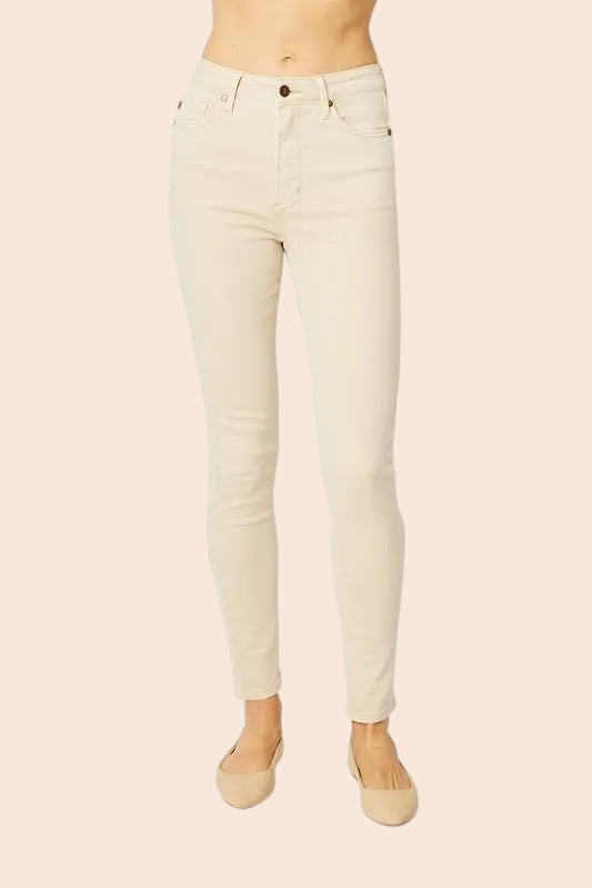 My Store high-rise skinny jeans in a soft bone hue featuring a flattering tummy control fit and five-pocket design.
