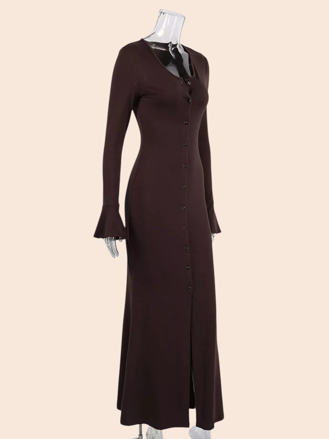 My Store brown maxi dress with V-neck, button-front, and long sleeves with flared cuffs on a mannequin