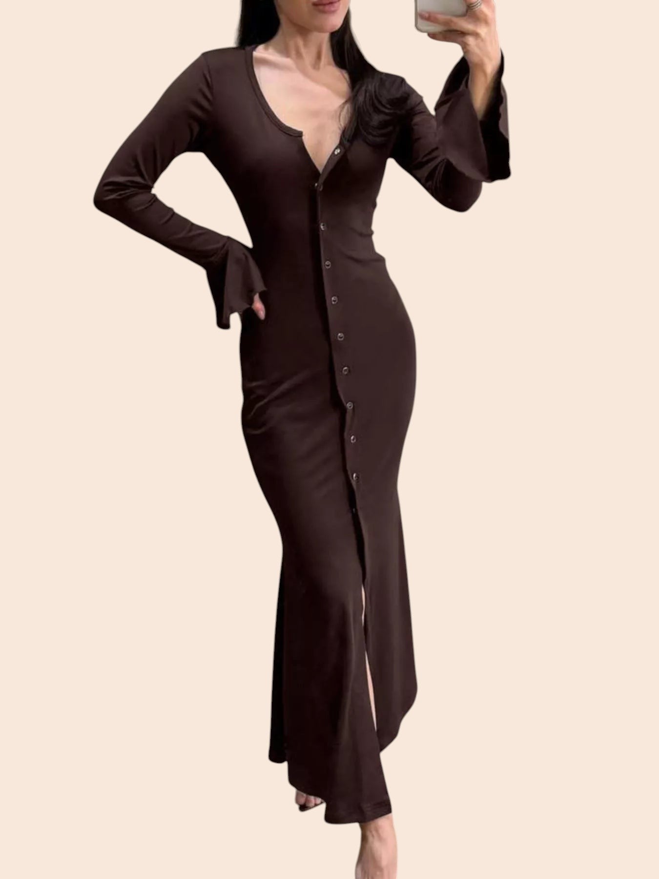 My Store dark brown maxi dress with V-neck, button-front, and flared long sleeves on a model