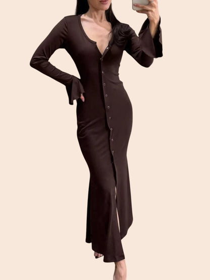 My Store dark brown maxi dress with V-neck, button-front, and flared long sleeves on a model