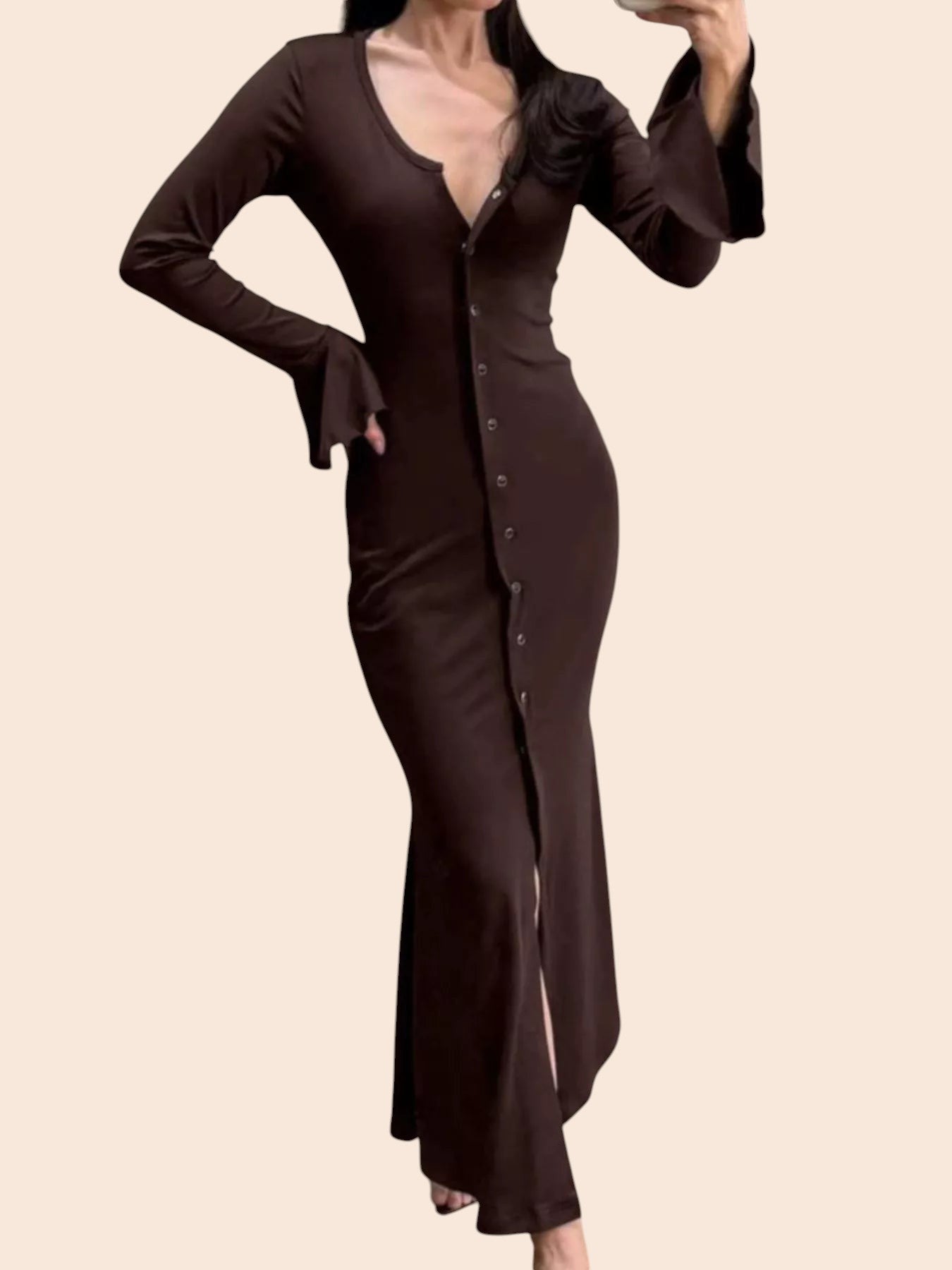 My Store brown maxi dress with V-neck, button-front, and flared sleeves worn by a woman in a mirror selfie
