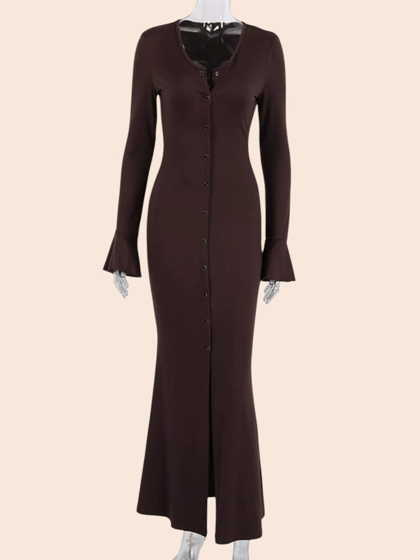 My Store brown maxi dress with V-neck, button-front closure, and long sleeves with flared cuffs on a mannequin.
