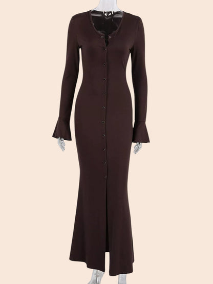 My Store brown maxi dress with V-neck, button-front closure, and long sleeves with flared cuffs on a mannequin.