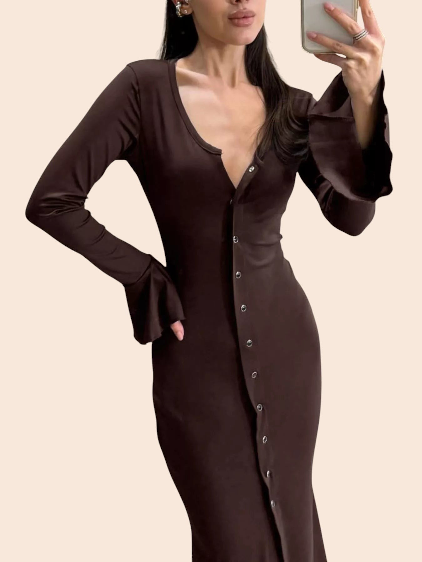My Store brown maxi dress with V-neck, button-front, and flared long sleeves on a model taking a mirror selfie