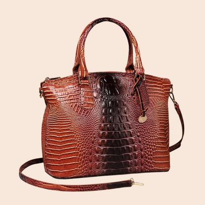 My Store Amara brown crocodile-embossed structured handbag with top handles and a detachable shoulder strap.