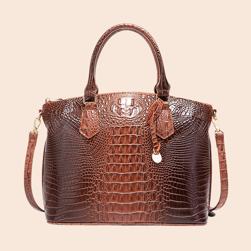 My Store Amara brown crocodile-embossed structured top handle handbag with a detachable shoulder strap.