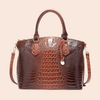 My Store Amara brown crocodile-embossed structured top handle handbag with a detachable shoulder strap.