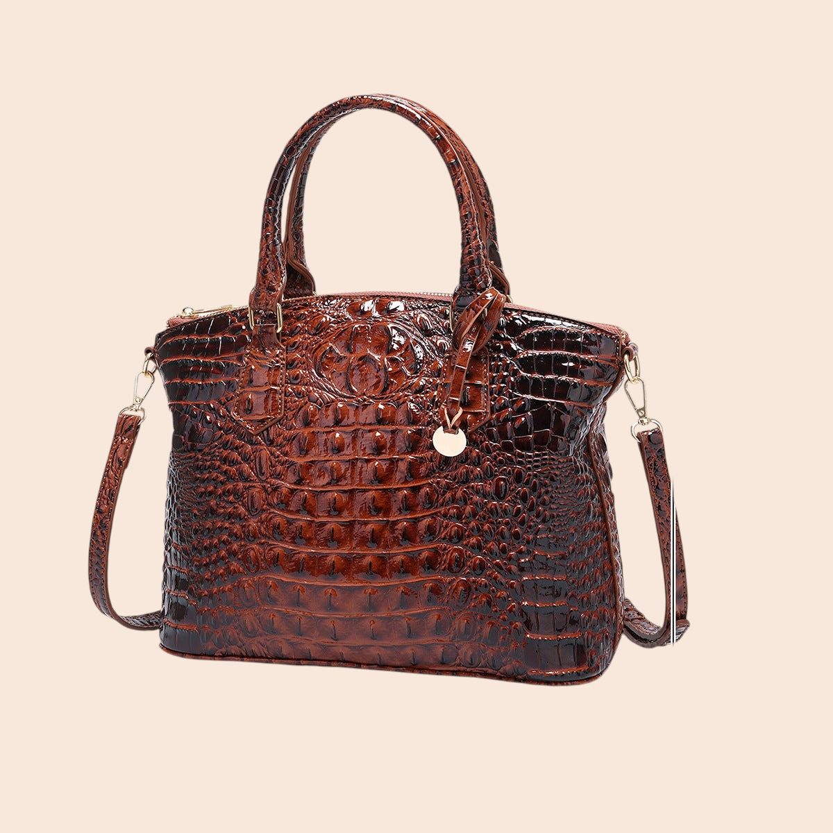 My Store Amara brown crocodile-embossed PU leather top handle handbag with detachable shoulder strap and dimensions.