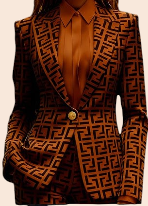 My Store tailored blazer in brown with a bold black geometric print, structured lapels, and single-button closure.