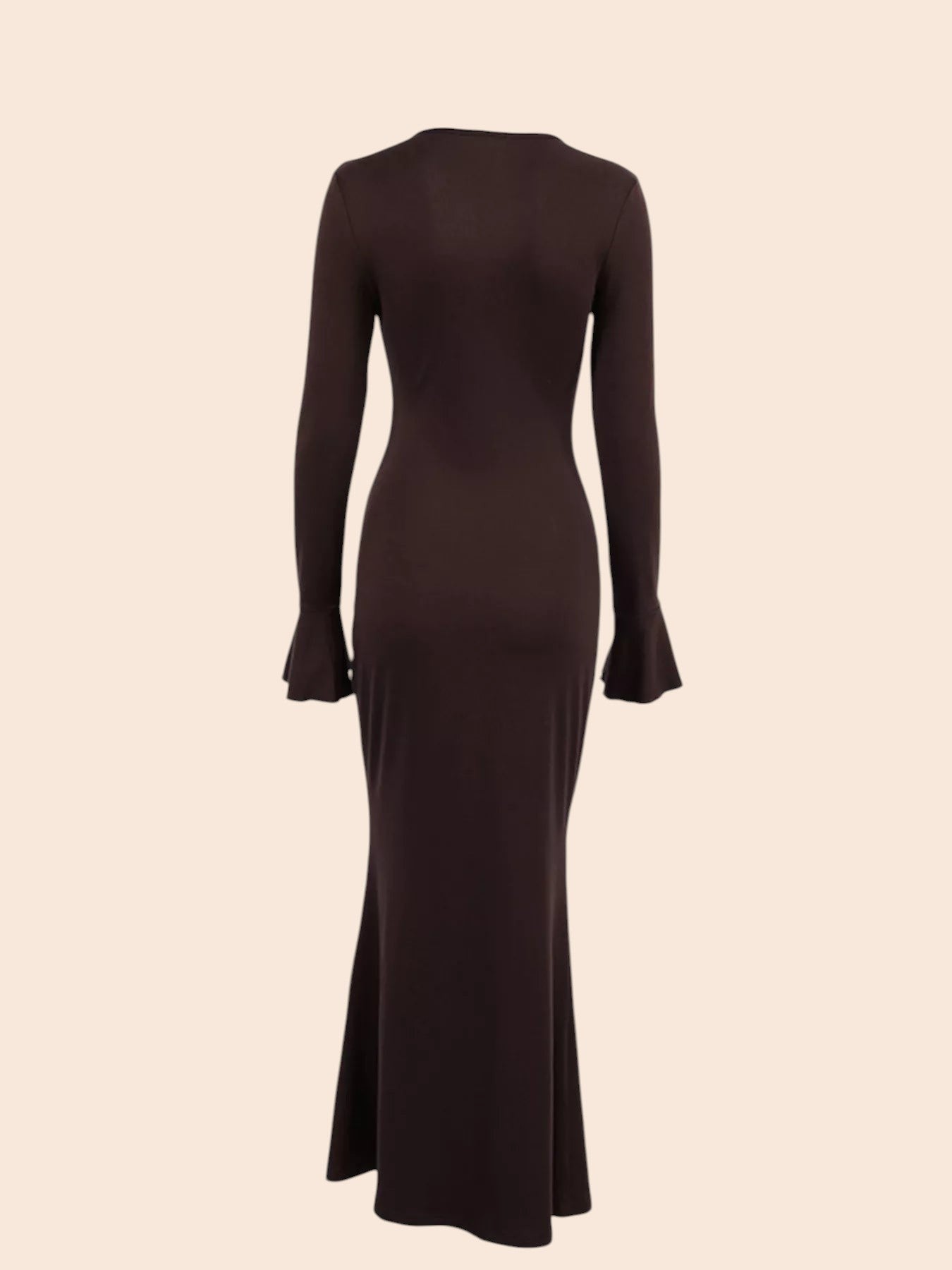Back view of My Store brown maxi dress with long sleeves and flared cuffs in a stretchy polyester blend fabric