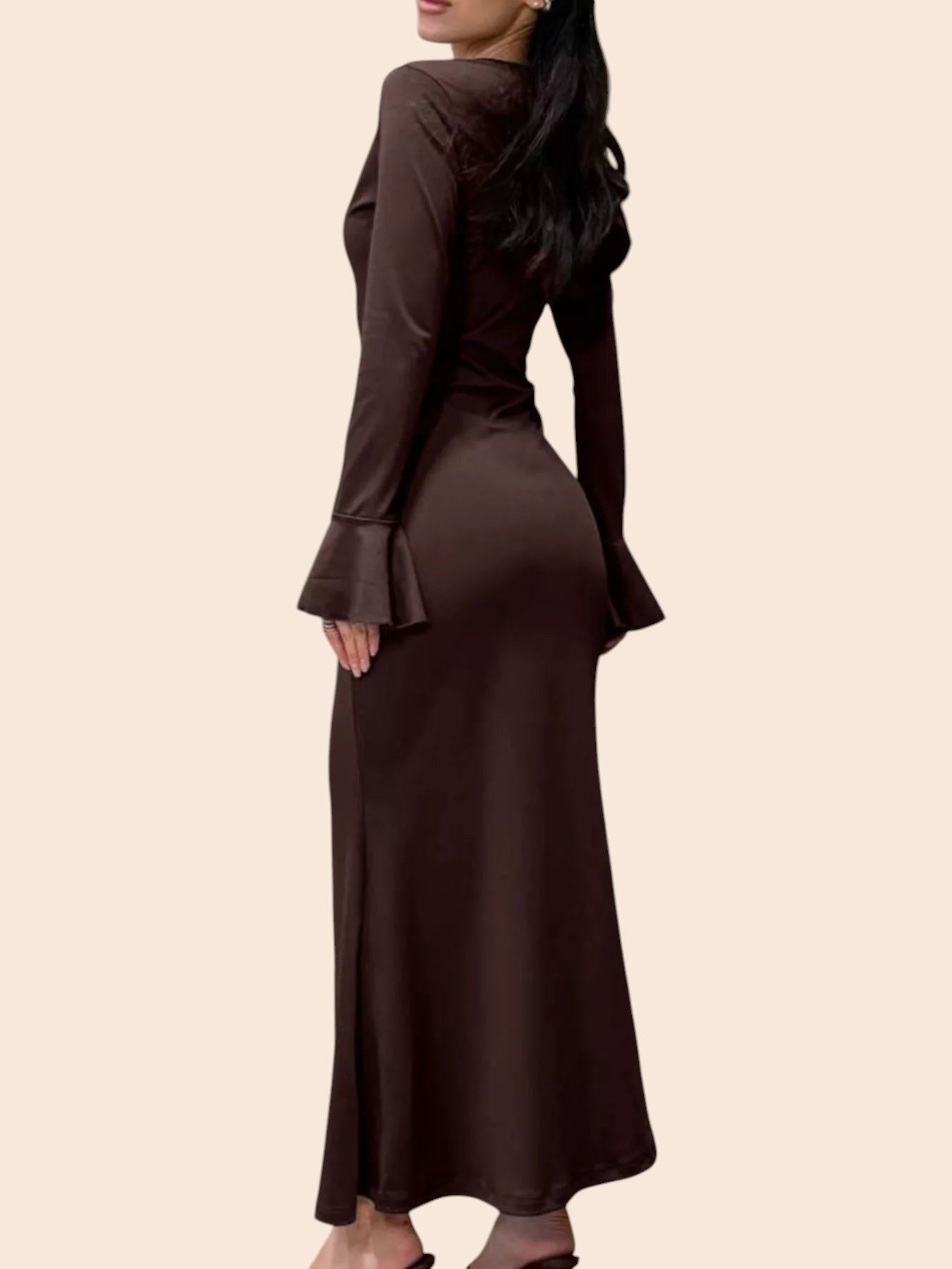 My Store brown maxi dress with long flared sleeves and a curve-enhancing silhouette, back view.