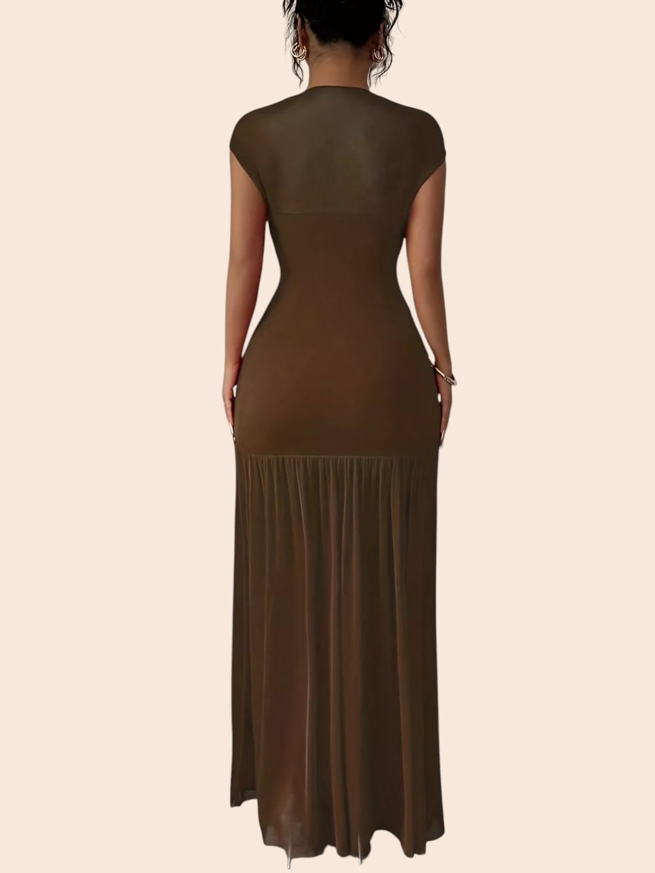 My Store brown mesh maxi dress with a high neckline and ruched waist, shown from the back on a model.