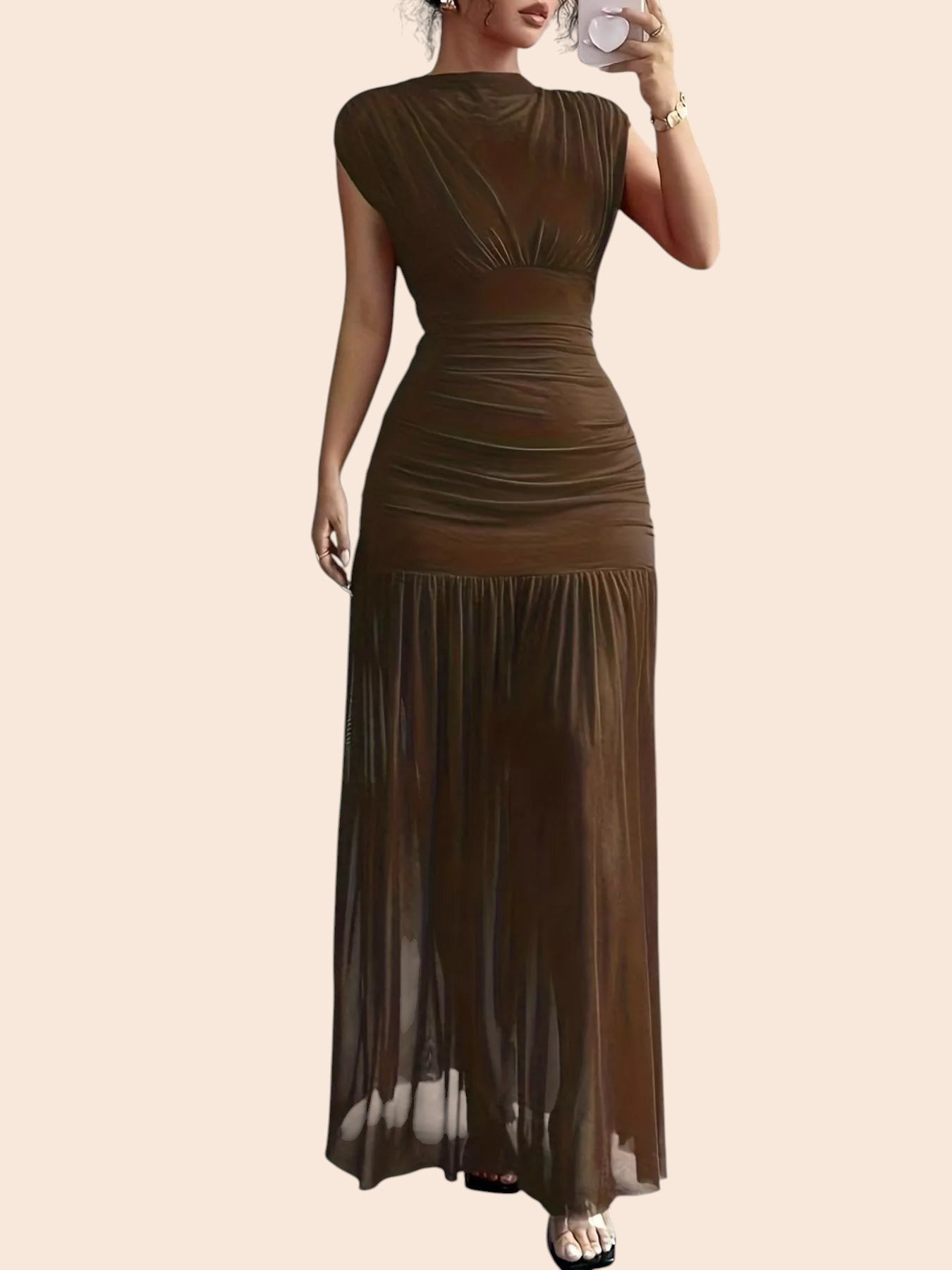 My Store brown mesh maxi dress featuring a high neckline, asymmetric draped shoulder, and flattering ruched waist.
