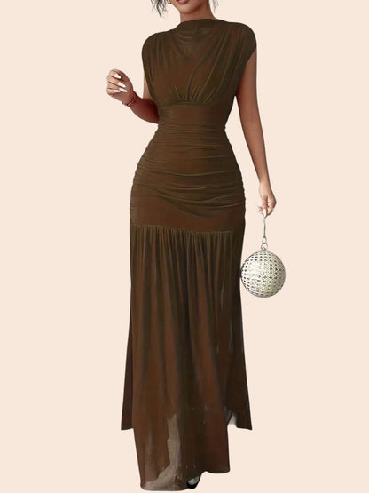 My Store brown mesh maxi dress with ruched waist, high neckline, and asymmetric draped shoulder detail.