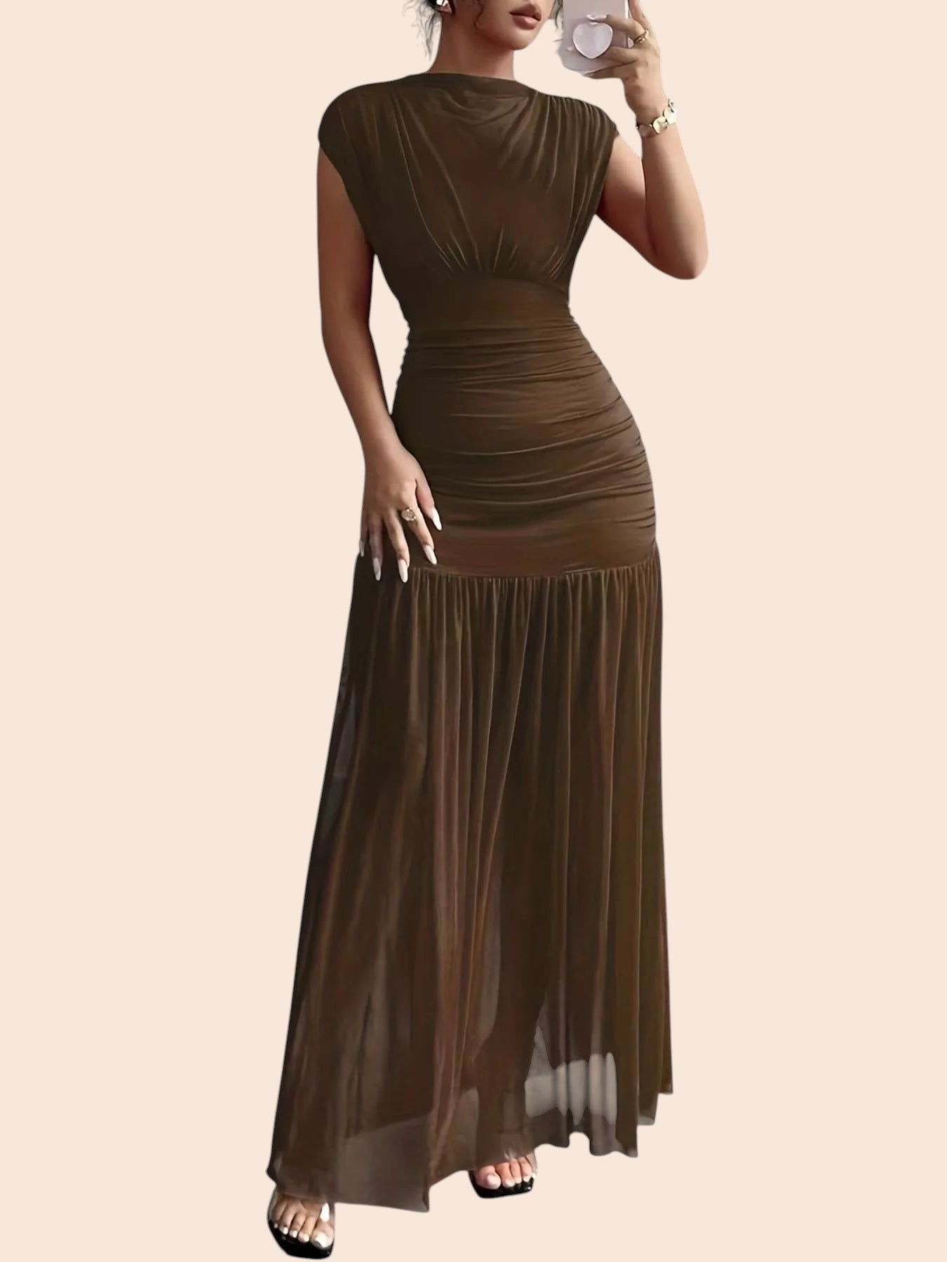 My Store brown mesh maxi dress with a high neckline, asymmetric draped shoulder, and flattering ruched waist detail.