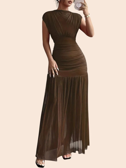 My Store brown mesh maxi dress with a high neckline, asymmetric draped shoulder, and flattering ruched waist detail.