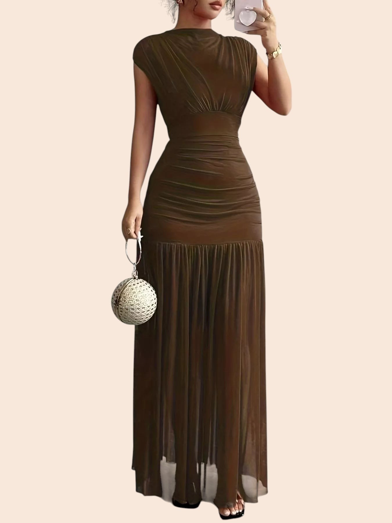 My Store brown mesh maxi dress featuring a high neckline, asymmetric draped shoulder, and flattering ruched waist.