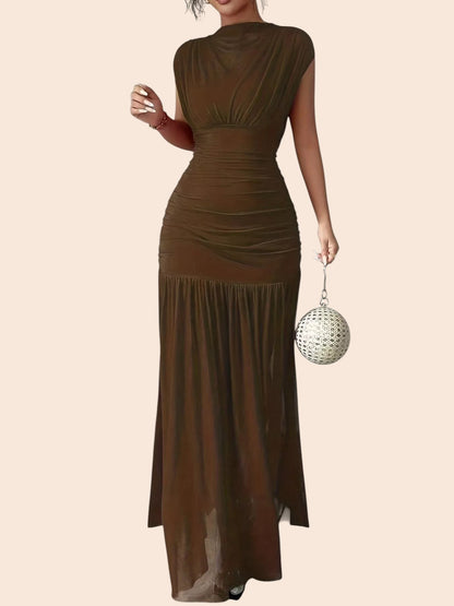 My Store brown mesh maxi dress with ruched waist, high neckline, and asymmetric draped shoulder detail