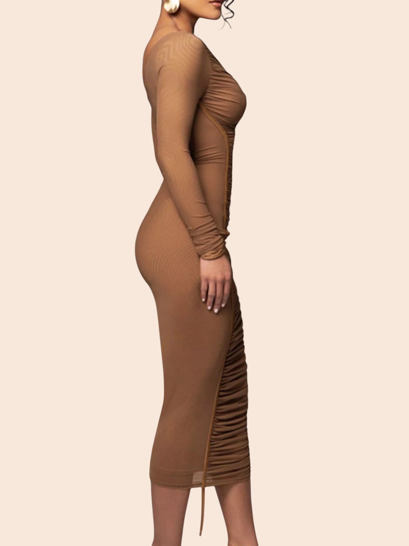 My Store brown one-shoulder ruched mesh midi dress with a sheer long sleeve and side tie detail on a model