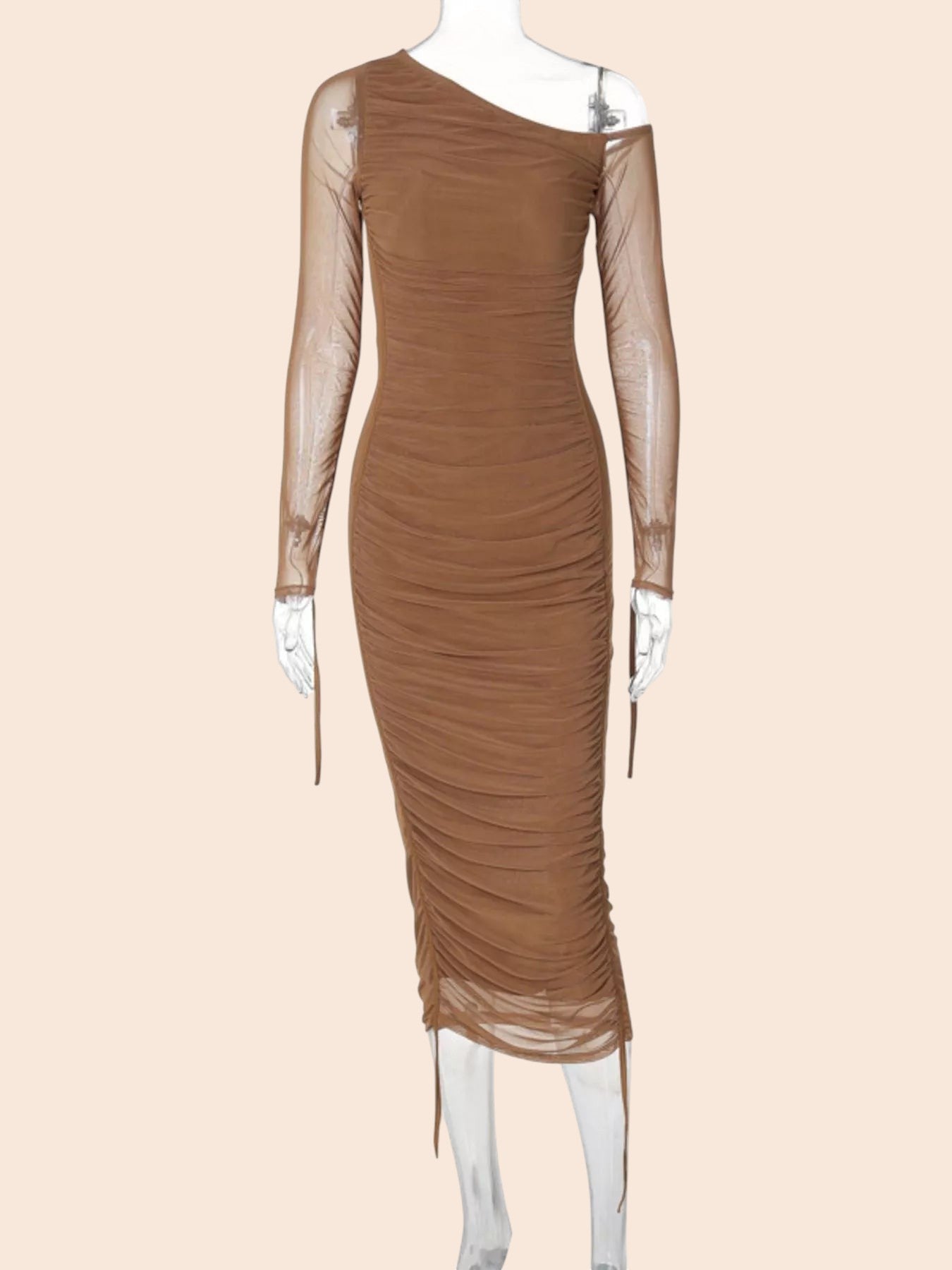 My Store brown one-shoulder midi dress featuring ruched mesh fabric, a single sheer sleeve, and adjustable side ties.