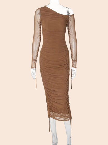 My Store brown one-shoulder midi dress featuring ruched mesh fabric, a single sheer sleeve, and adjustable side ties.