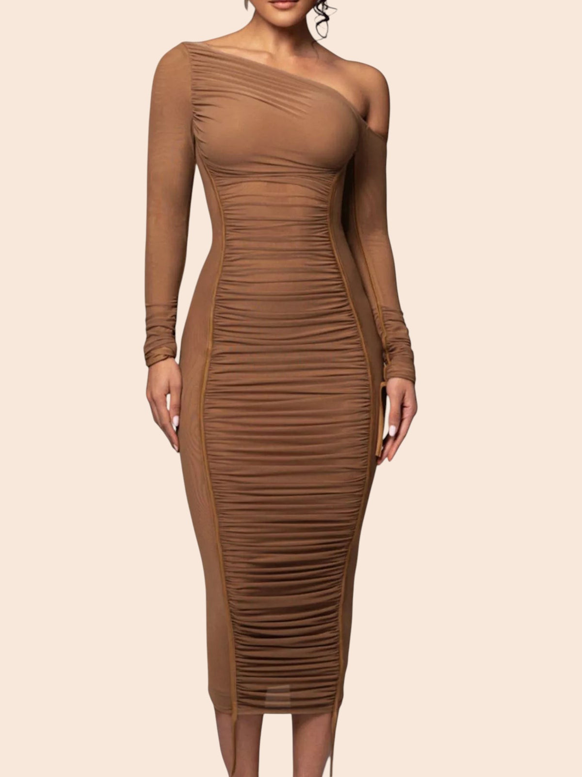 My Store brown one-shoulder ruched mesh midi dress with a sheer long sleeve and bodycon fit on a model