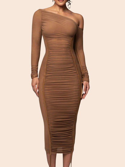 My Store brown one-shoulder ruched mesh midi dress with a sheer long sleeve and bodycon fit on a model