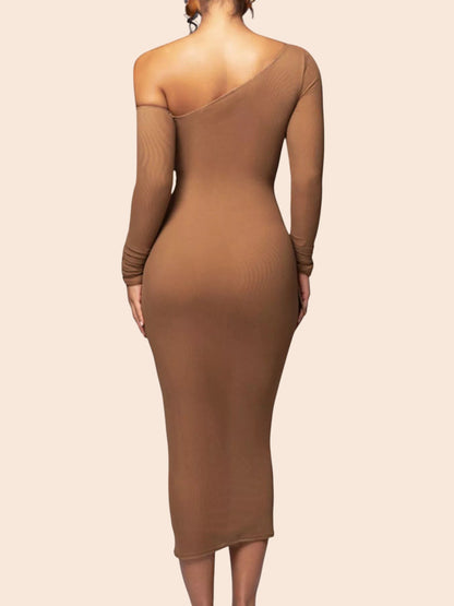 My Store brown one-shoulder midi dress with ruched mesh fabric and a single long sleeve, back view.